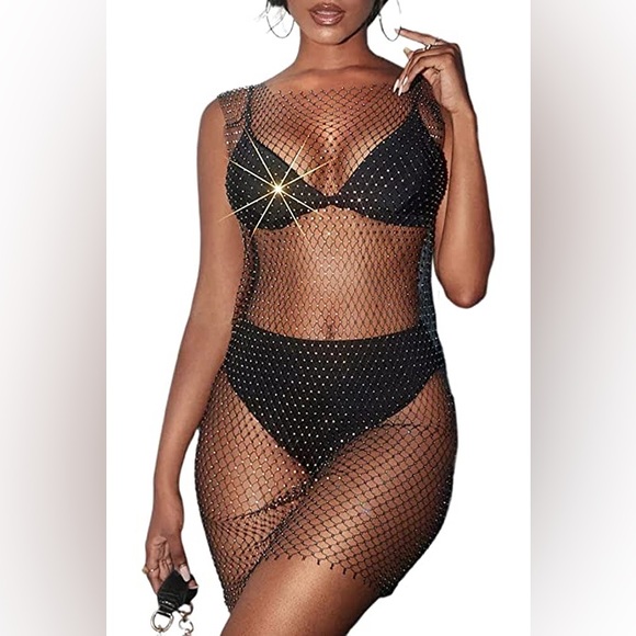 ENDLESS ROSE ~ Embellishment Mini Dress ~ Black Fishnet with Rhinestones - Picture 4 of 15